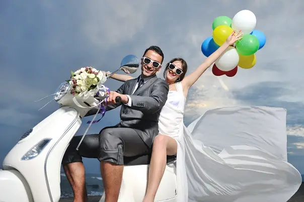 scene of bride and groom just married after a smooth wedding day